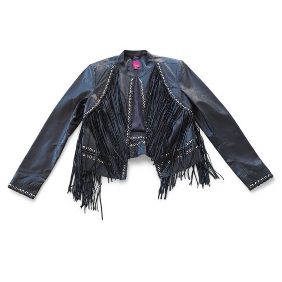 G.I.L.I Got it Love It Fringe Leather Motorcycle Jacket Black Women's 10 - Picture 2 of 10